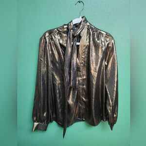 NWT Express Relaxed Portofino Metallic Tie Neck Blouse Large Gold